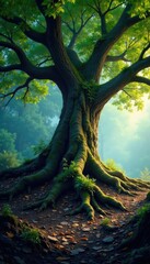 Fototapeta premium Ancient tree's gnarled roots stretch deep into earth, gnarled, tree, ancient
