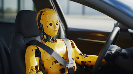 Robot dummy seated in a vehicle preparing for autonomous driving tests at a testing facility