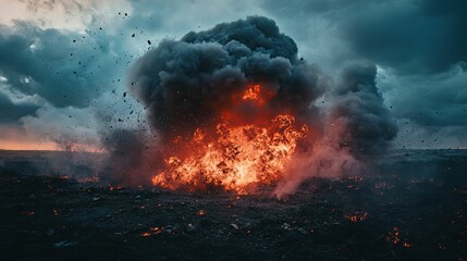 Fiery Explosion With Dark Smoke and Debris