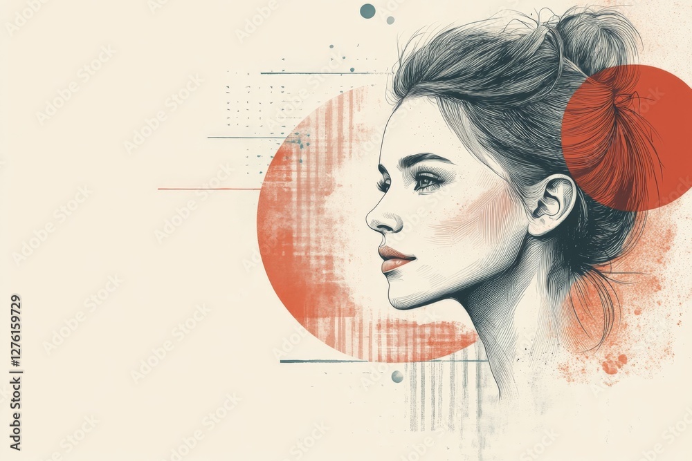 Fototapete artistic profile portrait of a woman with abstract design elements featuring soft colors and lines