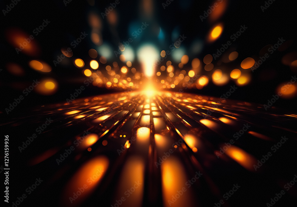 Leinwandbilder Abstract perspective view with blurred golden lights recedes into the distance, creating a bokeh effect against a dark backdrop.