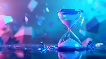 Blue Hourglass on Reflective Surface with Pink and Purple Geometry Floating Around