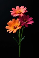 A small bunch of colorful flowers with no stems attached to a black background, isolated, black