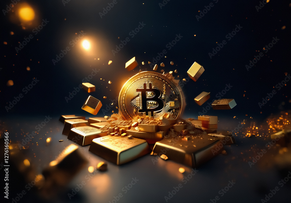 Aufkleber golden bitcoin coin surrounded by gold bars on a dark stage with bokeh lights, representing digital 
