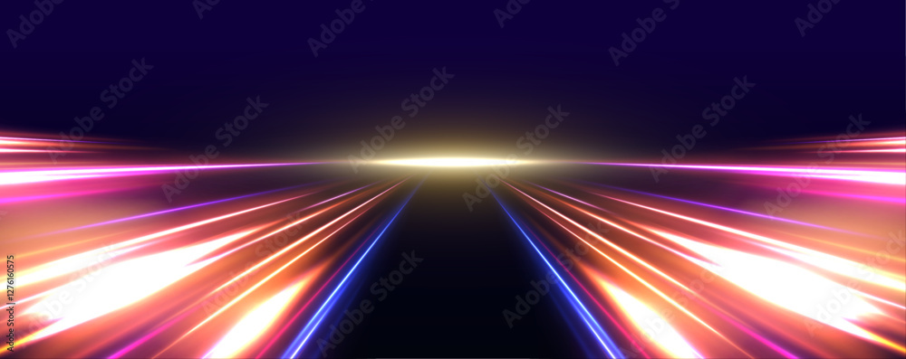 Aufkleber Abstract neon light trails in a futuristic high-speed motion design. Glowing spirals and curved patterns simulate an advanced, technological speed concept on a dark background.	
