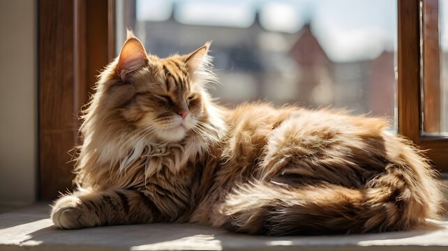 long-haired tabby cat peacefully sleeping in warm sunlight on window, serene & cozy atmosphere with tranquility & relaxation