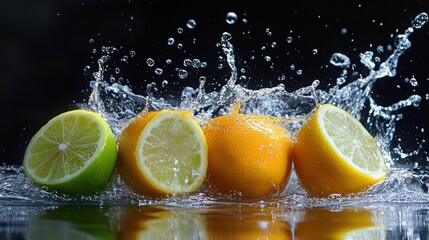 Citrus Fruits Splashing in Water