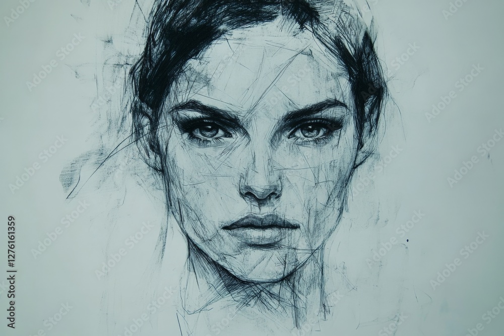 Poster sketch of a woman’s face showcasing intricate line work and detail in black ink on a textured backgr