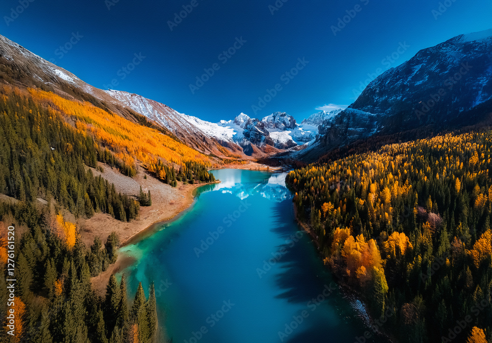 Poster an aerial view shows a vibrant autumn valley with a blue lake nestled between colorful forests and s