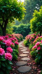 Fototapeta premium A winding path leads to a hidden garden with blooming azaleas, azalea, foliage