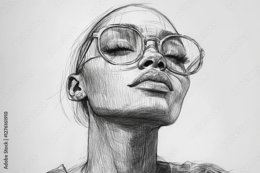 Poster artistic portrait of a woman with large glasses and a relaxed expression showcasing intricate line w