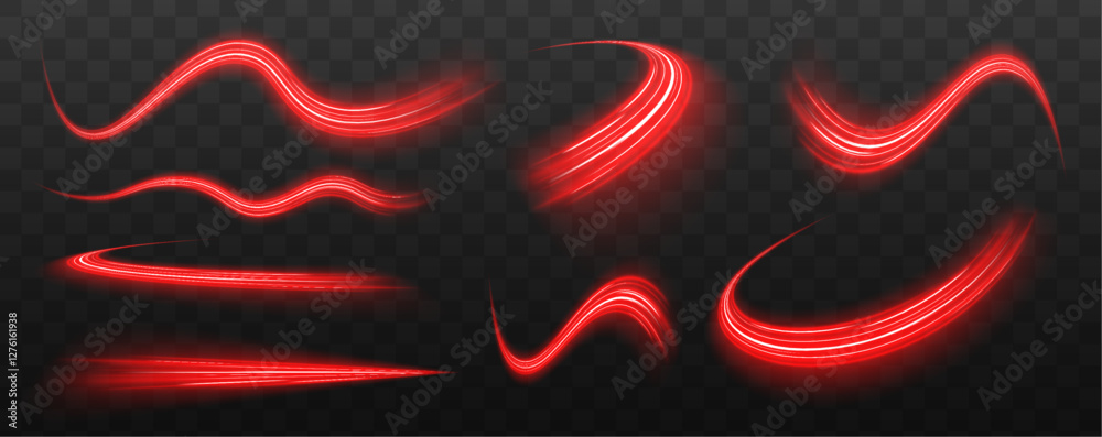 Poster set glowing neon light trail element bright red-orange speed line wave luminous curved swirl concept