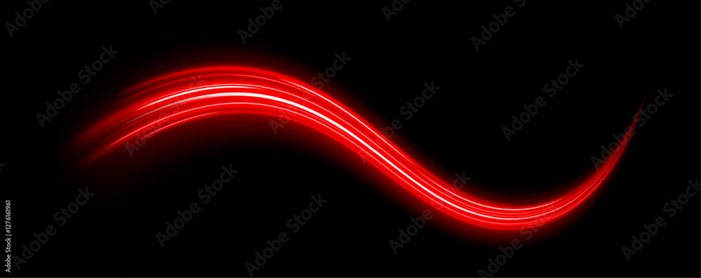 Poster shiny fiery red neon stripes – bright curved light trails & flashing red light effects. vector eleme