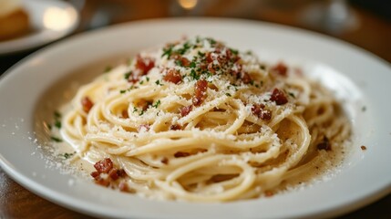 Closeup of Creamy Pasta with Bacon and Parmesan