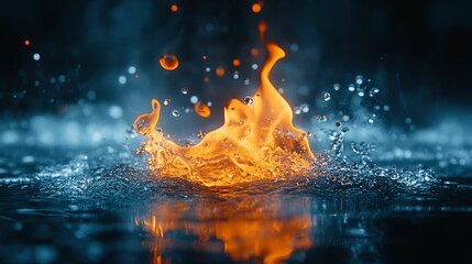 Fiery orange flames splashing into cool blue water