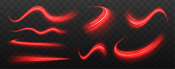 Set glowing neon light trail element Bright red-orange speed line wave  luminous curved swirl concept. Shiny fiery streaks for posters, banners, and flyers. Vector design. © ikril
