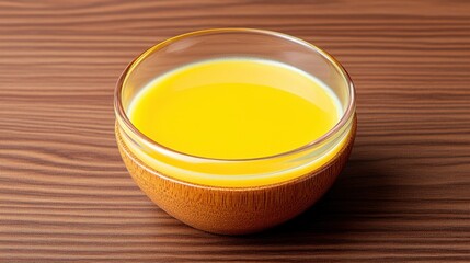 Vibrant yellow liquid in a clear glass bowl with a wooden base, resting on a dark brown wooden surface. Close up view with focus on the smooth