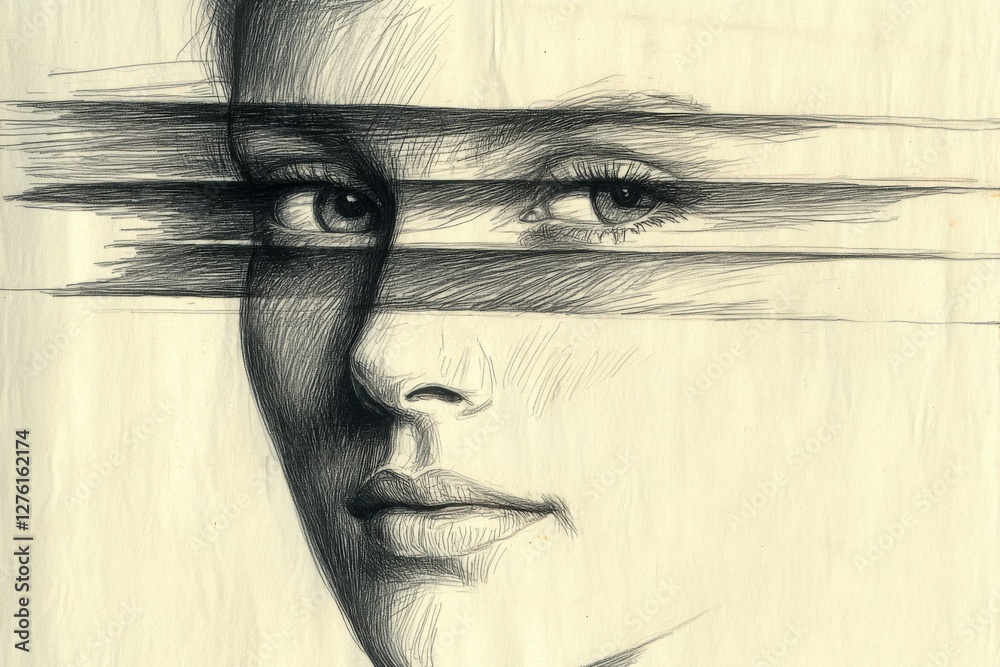 Poster intricate pencil sketch of a woman’s face featuring unique abstract lines and shading