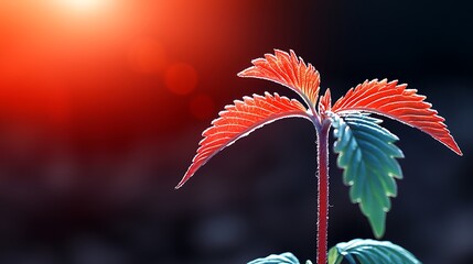 Close-up of a vibrant green and red plant with delicate leaves illuminated by soft sunlight