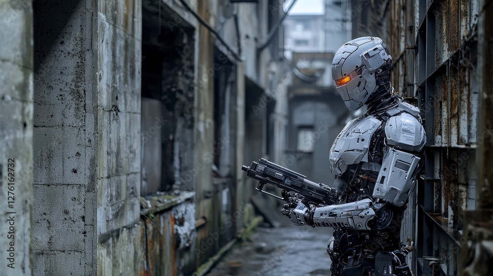 Aufkleber Robotic sentinel develops ethical ai in abandoned factory a close-up science fiction scene of urban decay