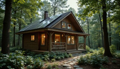 Cozy wooden cabin in serene forest setting with solar panels and warm inviting light