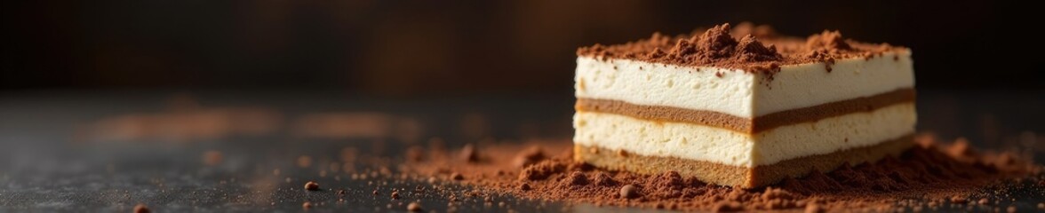 Dark background highlights creamy sweet tiramisu, dark background, cacao powder