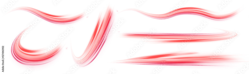 Poster set of abstract red glowing swirls and speed stripes with fiery glow. vector illustration in png for