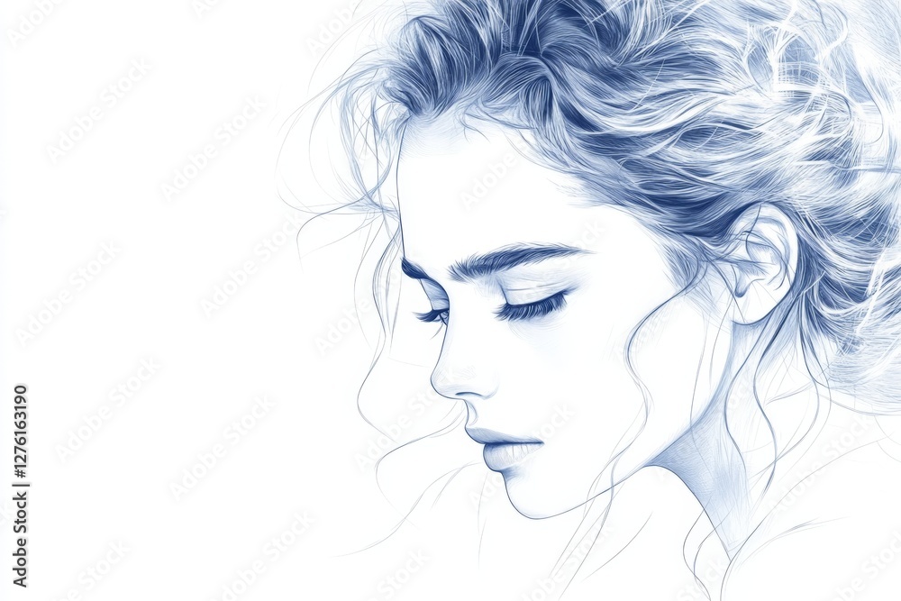 Poster Delicate blue portrait of a woman with soft curls and serene expression captured in minimalist style