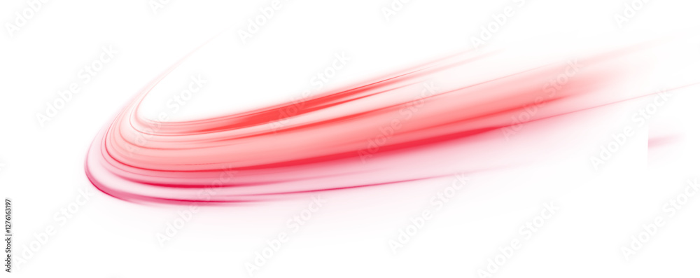 Poster Shiny fiery red neon stripes on white transparent background PNG. Vivid curved light trails and flashing red light effects. Vector element on black background for stunning digital creations.