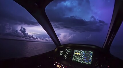 Pov/fpv view from inside of a helicopter cockpit. Aircraft pilot cabin/compartment interior, flight deck. Plane in flight over a rough ocean, sea during thunderstorm. Purple stormy clouds.