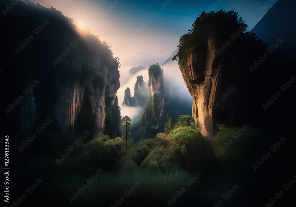 Poster misty mountain landscape with towering cliffs. sunlight breaks through clouds, creating dramatic lig