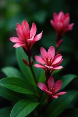 Fototapeta premium Dark green foliage with clusters of pink Alstroemeria flowers and stems, foliage, stem, plants