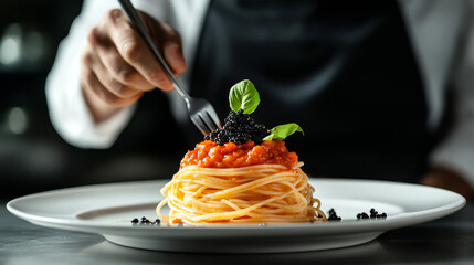 A waiter elegantly presenting a plate of spaghetti topped with rich tomato sauce and black caviar against a dark background. A refined display of a gourmet pasta dish