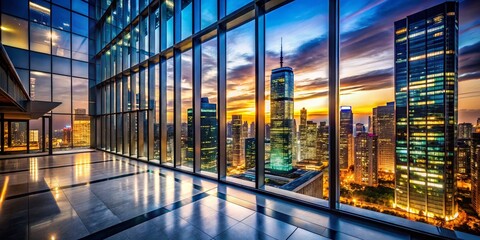 Obraz premium Dusk City Skyline View from Modern High-Rise Glass Building - Low Light Photography Stock Photo