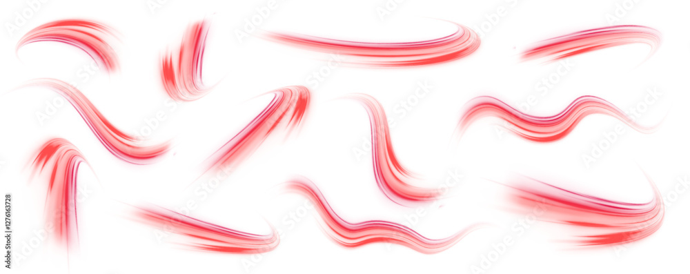 Poster set of abstract red glowing swirls and speed stripes with fiery glow. vector illustration in png for