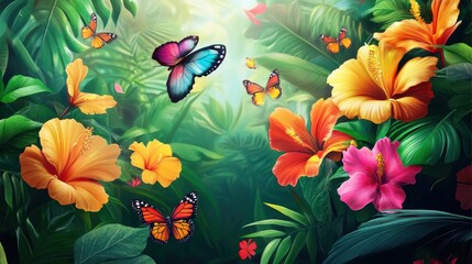 tropical paradise hibiscus flowers and butterflies