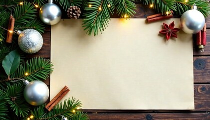 Decorative paper with silver baubles and festive spices scattered on a wooden table, garland, holiday decor