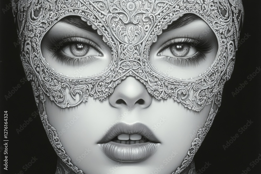 Poster intricate silver mask adorned with lace patterns enhances the enigmatic beauty of a model's face