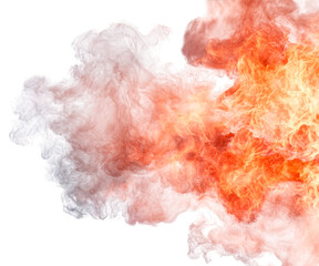 Fiery explosion with billowing smoke in dynamic motion on a white background. Concept of danger, destruction, and intense heat