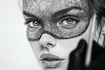 Intricate drawing of a masked woman highlighting artistry and expression in black and white