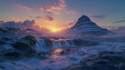 Majestic Mountain Waterfall Sunset Scenic Winter Landscape Photography Iceland Nature sky awe art snow cold wild view   