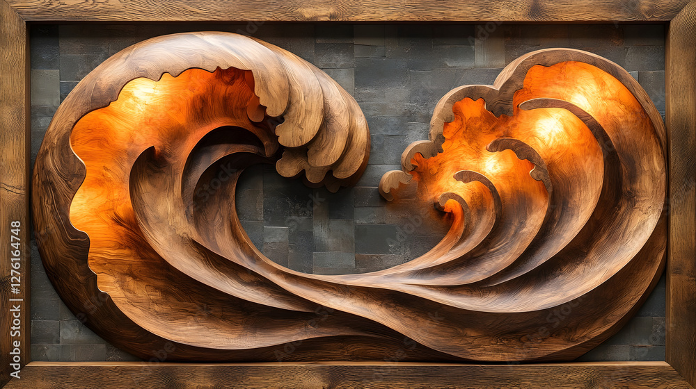 Aufkleber abstract wooden sculpture featuring flowing curved waves and lines creating a captivating and harmon
