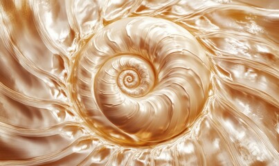 Close-up view of a golden nautilus shell showcasing intricate spiral patterns and textures