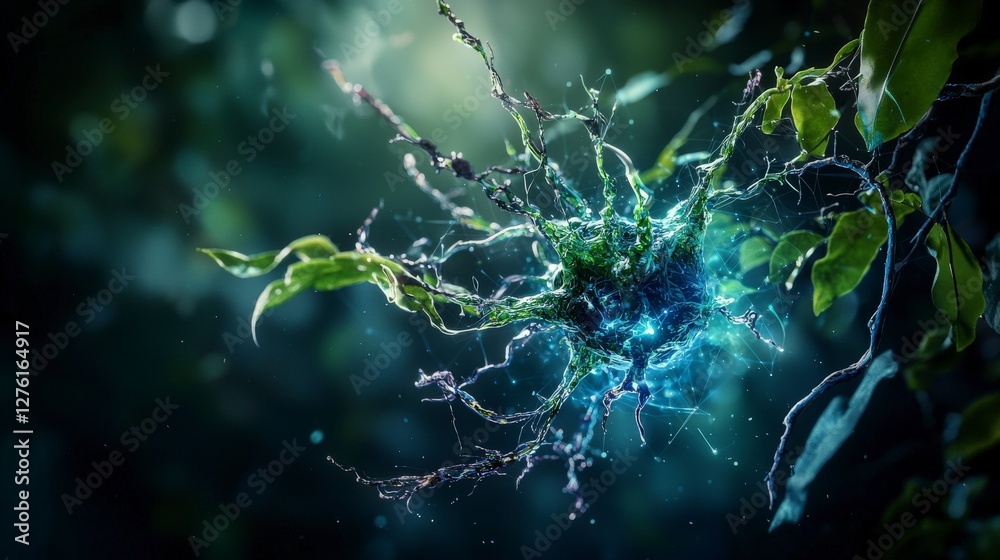 Poster imagination visualized as a generative ecosystem of vibrant green life enchanting forest digital art