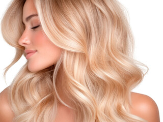 Close-up of a woman with long, wavy blonde hair and smooth skin, posing with closed eyes against a white background. Beauty and haircare concept