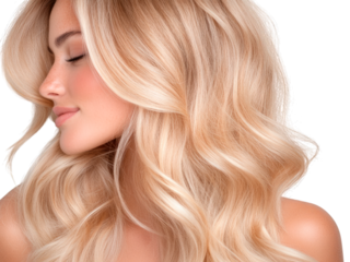 Close-up of a woman with long, wavy blonde hair and smooth skin, posing with closed eyes against a white background. Beauty and haircare concept