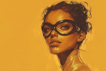 Youthful woman wearing oversized black glasses against a vibrant orange background at an artistic studio