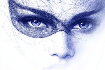 Obraz premium Intricate drawing of a female face with captivating eyes and a mysterious mask design in blue and white hues
