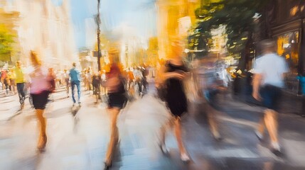 Blurred high energy view of a crowded fast paced city street with pedestrians cars and buildings in motion capturing the dynamic atmosphere of a busy urban environment
