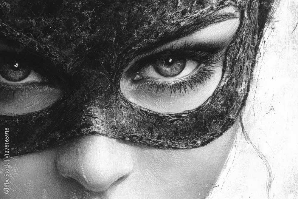Poster intricate black mask highlights piercing eyes in a close-up portrait of mysterious character at twil